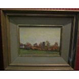 MARGARET STRUTT (XX): A framed oil on Daler Board, "Evening in Scole, Norfolk".