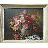 A BEYENS: An oil on canvas of still life of roses in a Delft vase,