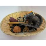 A basket containing miscellaneous items including a cloisonné thimble, Hasbro model racing car,