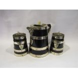 A Victorian coopered ale jug and two tankards