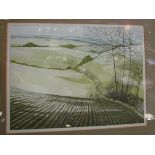 A watercolour depicting farmer ploughing a field,