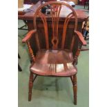 A circa 1860 style Thames valley Windsor elbow chair with pierced splat back rest the elm seat on