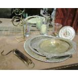 Plated trays, glass candle holders, spring balance,