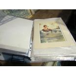 A loose leaf album containing a large number of pictures including signed watercolours,
