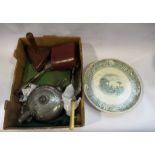 A box of mixed plated wares to include boxed fish set, teapot, snooker table brush,
