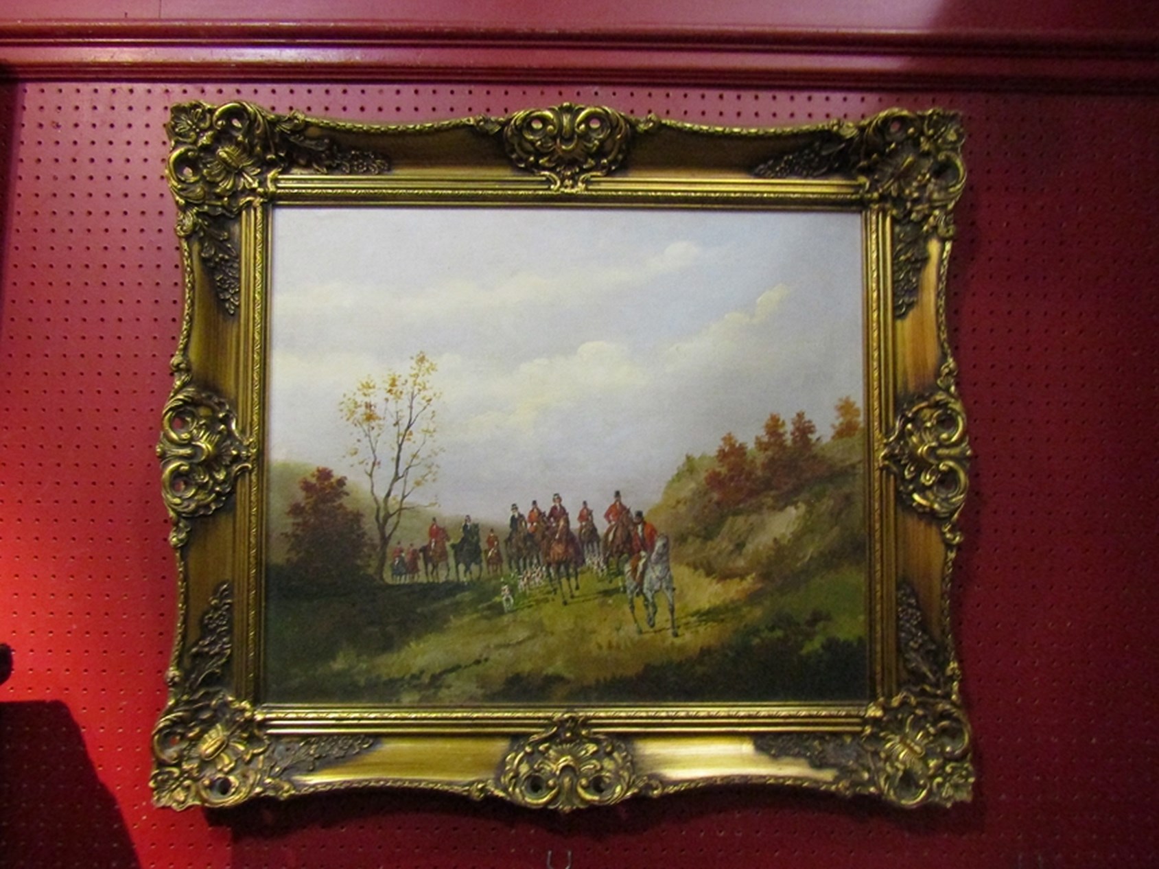 A pair of 20th Century oils on board depicting gentlemen and ladies going on a hunt, signed, - Image 2 of 2