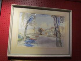 MARGARET MORCOM (XX): A framed and glazed watercolour, moored boats on still pond.