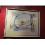 MARGARET MORCOM (XX): A framed and glazed watercolour, moored boats on still pond.