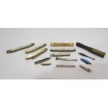 A collection of mother of pearl pen knives some with silver blades,