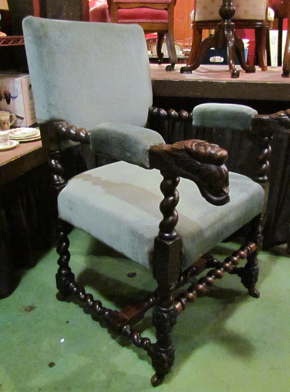 A 19th Century Jacobean style oak armchair with spiral twist and carved decoration on ceramic - Image 2 of 2