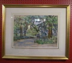 JEAN ALEXANDER (1911-1994): A framed and glazed watercolour and charcoal, "Church Lane, Thelveton".