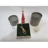 A Venetian glass perfume bottle together with a Swarovski crystal hedgehog and mouse and a