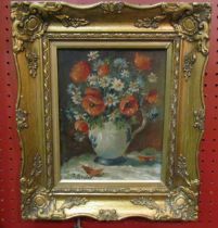 A gilt framed oil on board by J Renier, a large vase of anemones and narcissi, signed lower left.