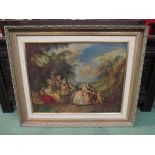 WITHDRAWN - An oleograph depicting 18th Century females in garden scene, ornate frame,