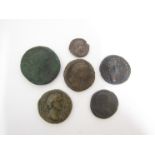 Six Roman bronze coins including Sestertius + dupondis of Antoninus Pius (138-168AD),