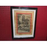 An 18th Century engraving depicting James II as king, whole length equestrian figure with wig,