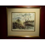An artist's proof print of misty trees and undergrowth, signed Moody,