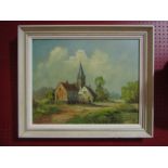 H. BRENT (XX) A framed oil on canvas 'Village church & cottages'.