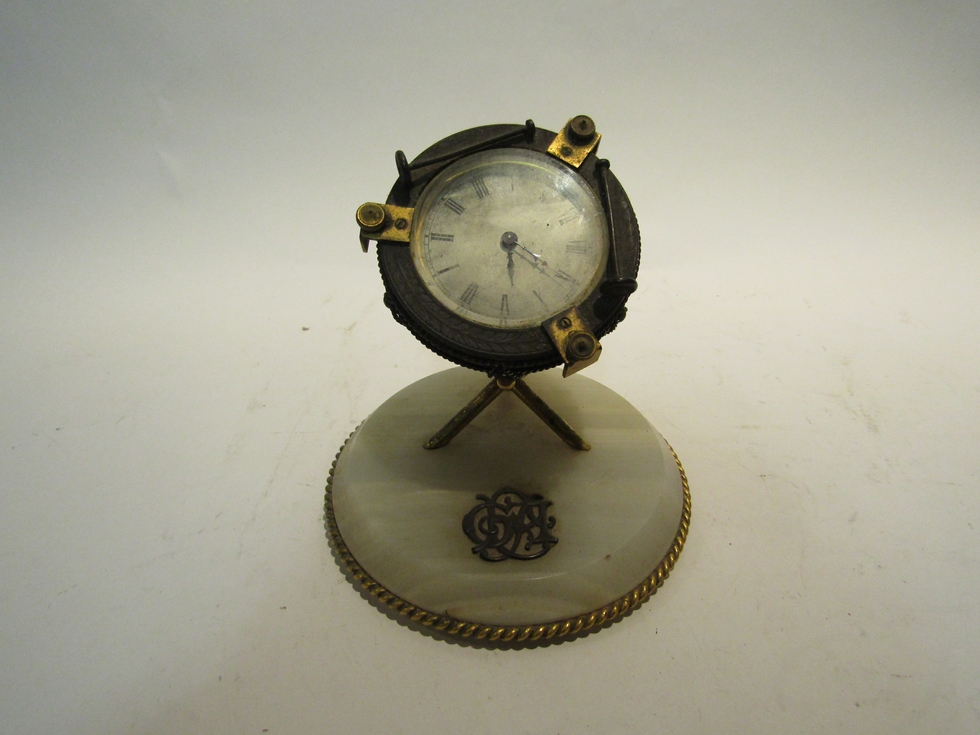 A 19th Century novelty desk timepiece as a kettledrum with ormulu mounts,