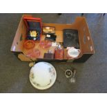 A quantity of collectable's including Whitefriars style amber glass ashtray and ceiling lamp shade