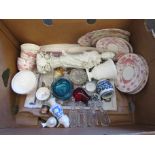 A box of mixed ceramics and glass to include part tea service, Portmeirion "Roller" bird jug,