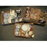 Three boxes of mixed goods including Woods & Sons "Yuan" jugs (some a/f), Mamiya camera and others,