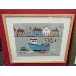 EMMA WILLIAMS: An acrylic painting depicting Aldeburgh, framed and glazed, 29.5cm x 38.