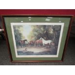 A framed and glazed limited edition Raoul Millais print "Mares & Foals" pencil signed and numbered