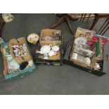 Three boxes of mixed items including Royal Doulton "Warwick Gold" teapot, figures and marbles etc.