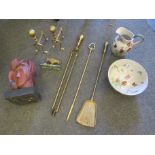 A box containing a brass fireside companion set; dogs, poker, tongs,