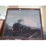 A framed oil on canvas depicting locomotive 34017,