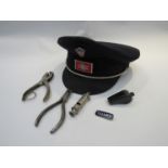 A British Rail uniform cap, ticket punches, whistles etc.