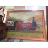 A framed oil on board of a steam train in the hills, by A.