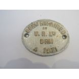 A cast iron B.R (M) General Repair wagon plate dated 1971, face repainted