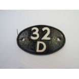 A cast iron steam locomotive shed plate 32D - Yarmouth South Town,