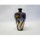 A Moorcroft vase with Pansy and blue trail design, designed by Rachel Bishop 8/50, 16cm tall,