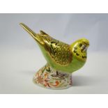 A Royal Crown Derby paperweight Spangle Grey Green Budgerigar 269/1000, gold stopper, 10.