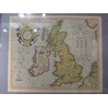 A print of the British Isles from Mercator's Atlas circa 1595, framed and glazed,