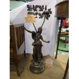 A bronzed effect figural table lamp of maiden form, twin sconces,