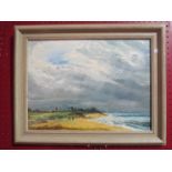 An oil on board depicting figures on beach, indistinctly signed lower left, framed, 28.5cm x 38.