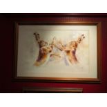 RYAN: Watercolour "Boxing Hares", framed and glazed, 40cm x 60.