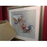 SIMON REEVES: Acrylic on board "Fighting Cocks", framed and glazed,