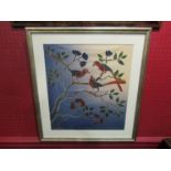 A batik picture entitled "The Birds", hand-painted and printed in Malaysia 2010, framed and glazed,