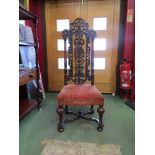 A William III style fruitwood carved high back chair with 'X' support,