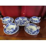 An early Victorian Hilditch & Sons blue and white part tea set comprising of four cups and saucers