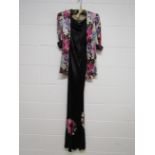 1940's black silk sating evening gown with matching evening jacket, pink, mauve,
