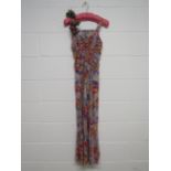 1940's Harrods floral silk multi coloured evening dress with ruched detail at bodice and matching