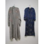 A 1920's grey silk Kimono embroidered with pink apple blossom and a 1940's blue silk Kimono with