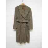 Early 20th century cream and brown heavy wool herringbone double breasted overcoat with belt,