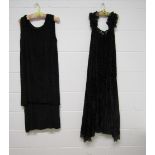 Two 1920's black cut velvet sleeveless evening dresses,